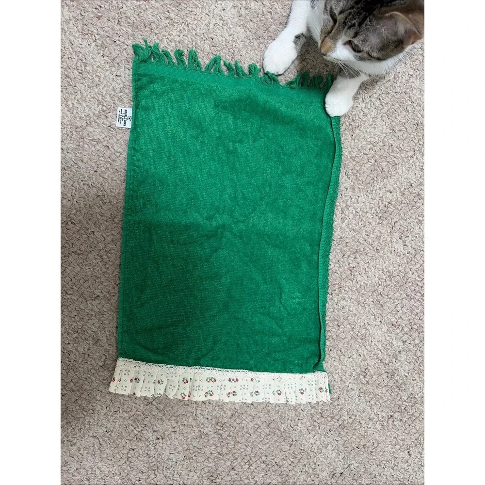 Green vintage royal Terry hand towel with flower fringe